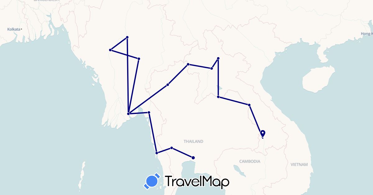 TravelMap itinerary: driving in Laos, Myanmar (Burma), Thailand (Asia)